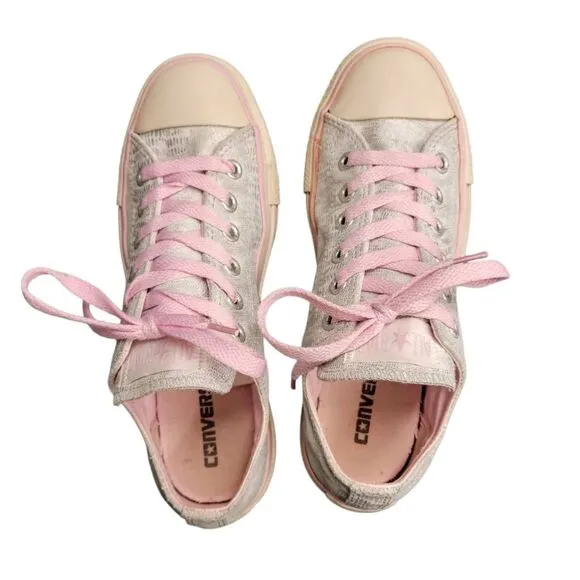 Converse All Star Silver &amp; Pink Leather Kicks Tennis Shoes Sneakers