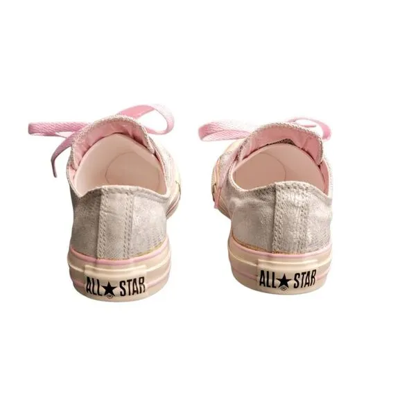 Converse All Star Silver &amp; Pink Leather Kicks Tennis Shoes Sneakers