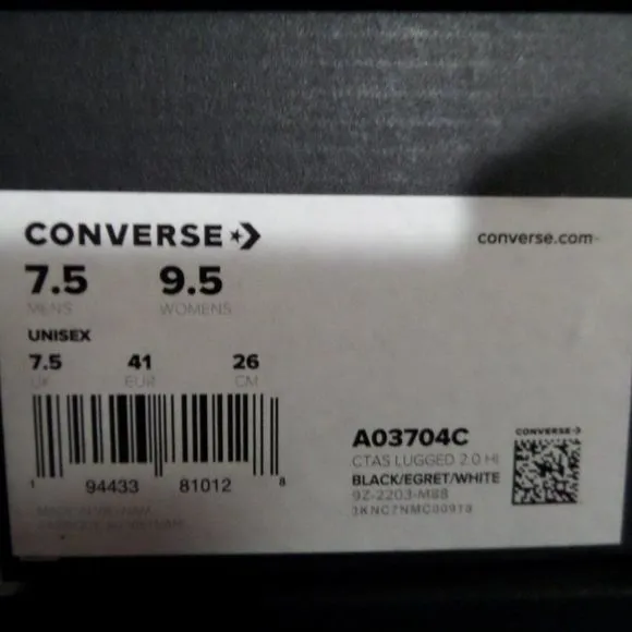 Converse Chuck Taylor All Star Lugged 2.0 Black Leather High Top Shoes A03704C