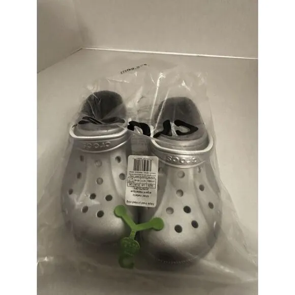 Crocs Baya Lined Printed Mens Size 11 Slip On Clog Shoes Silver Metallic Comfort