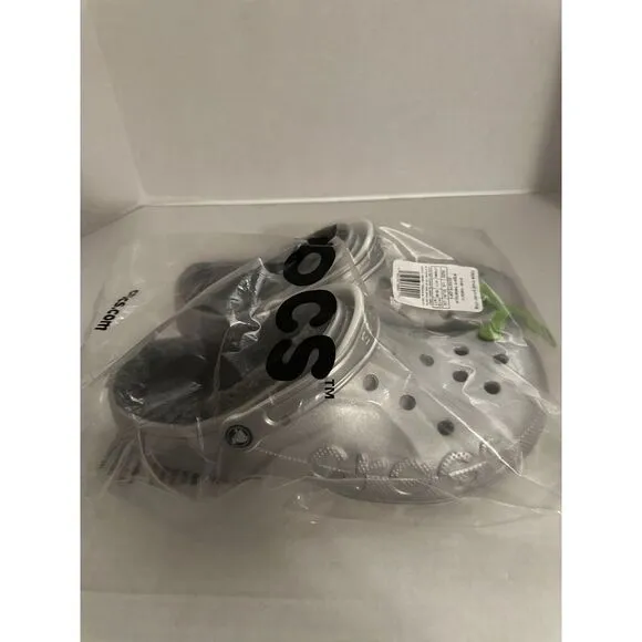 Crocs Baya Lined Printed Mens Size 11 Slip On Clog Shoes Silver Metallic Comfort
