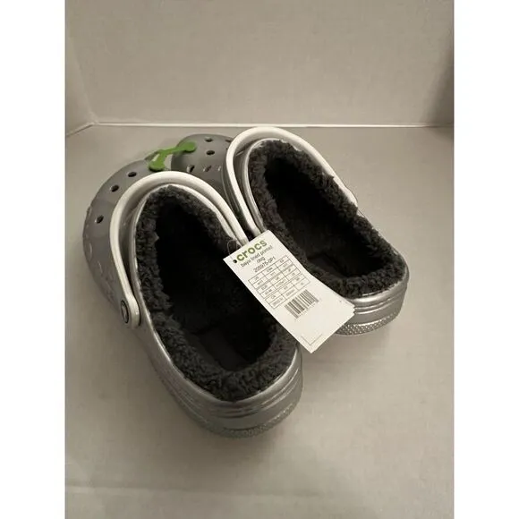 Crocs Baya Lined Printed Mens Size 11 Slip On Clog Shoes Silver Metallic Comfort