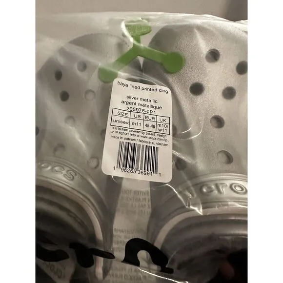 Crocs Baya Lined Printed Mens Size 11 Slip On Clog Shoes Silver Metallic Comfort