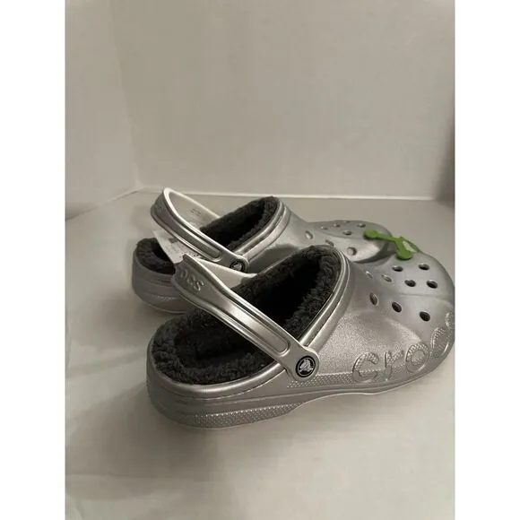 Crocs Baya Lined Printed Mens Size 11 Slip On Clog Shoes Silver Metallic Comfort