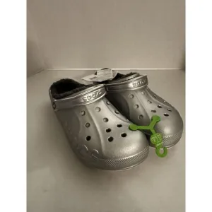 Crocs Baya Lined Printed Mens Size 11 Slip On Clog Shoes Silver Metallic Comfort