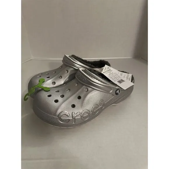 Crocs Baya Lined Printed Mens Size 11 Slip On Clog Shoes Silver Metallic Comfort