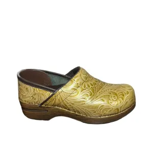 DANSKO CLOGS-WOMEN BEIGE WITH BLACK SHADES LEAVES DESIGN- SIZE EUR 39 USA 8.5