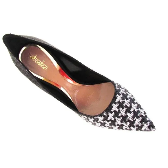Designer Sebastian Two Tone Black White Sequin Pointy Toe High Heel Pumps 8.M