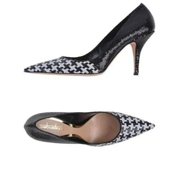 Designer Sebastian Two Tone Black White Sequin Pointy Toe High Heel Pumps 8.M