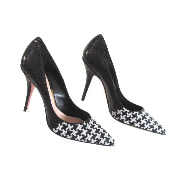 Designer Sebastian Two Tone Black White Sequin Pointy Toe High Heel Pumps 8.M