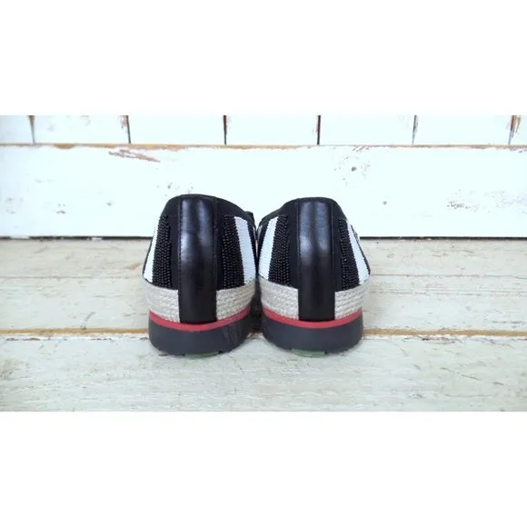 Donald Pliner black white striped beaded skull gold crest loafers crystal skull