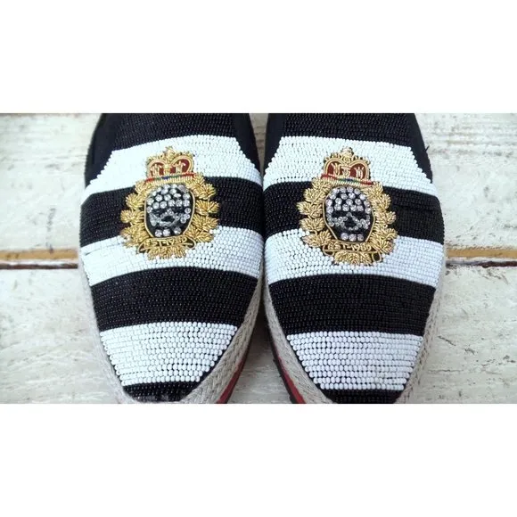 Donald Pliner black white striped beaded skull gold crest loafers crystal skull
