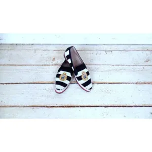 Donald Pliner black white striped beaded skull gold crest loafers crystal skull