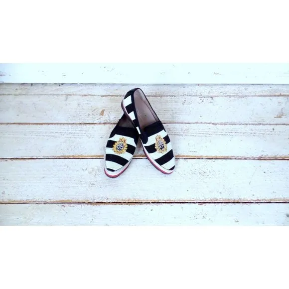 Donald Pliner black white striped beaded skull gold crest loafers crystal skull