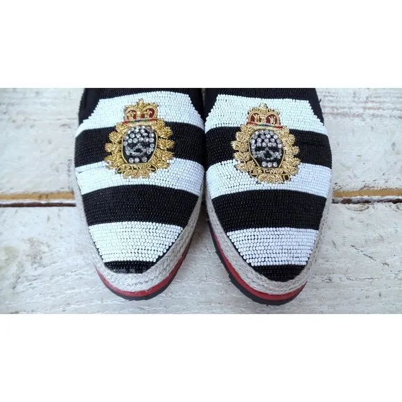 Donald Pliner black white striped beaded skull gold crest loafers crystal skull