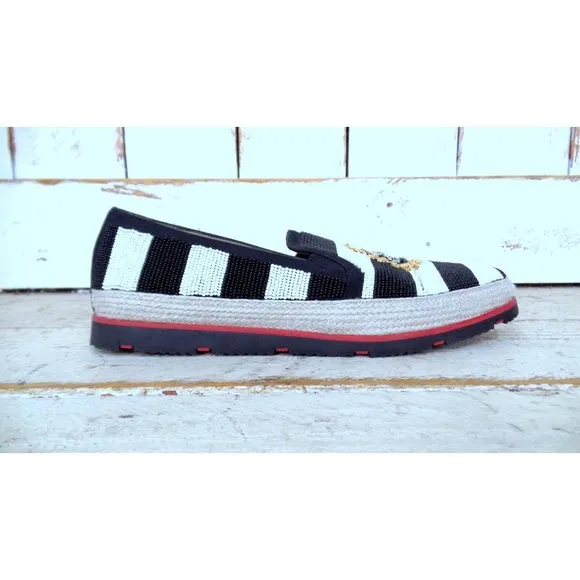 Donald Pliner black white striped beaded skull gold crest loafers crystal skull