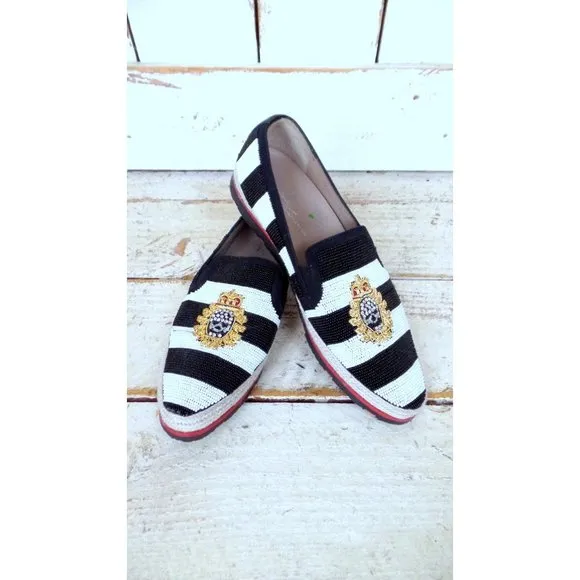 Donald Pliner black white striped beaded skull gold crest loafers crystal skull