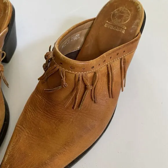 Durango Slid On Leather Heeled Shoes Women’s 7 Light Brown Boho Western Fringe