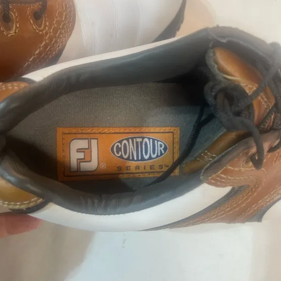 Footjoy Contour Series Mens7 1/2‎ White Brown Medium GolfShoes Leather 54002
