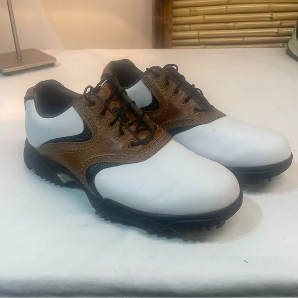 Footjoy Contour Series Mens7 1/2‎ White Brown Medium GolfShoes Leather 54002