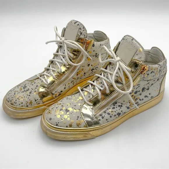 Giuseppe Zanotti Hi Top Splatter Gold and Blue Paint Sneaker Made in Italy 44