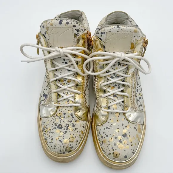 Giuseppe Zanotti Hi Top Splatter Gold and Blue Paint Sneaker Made in Italy 44