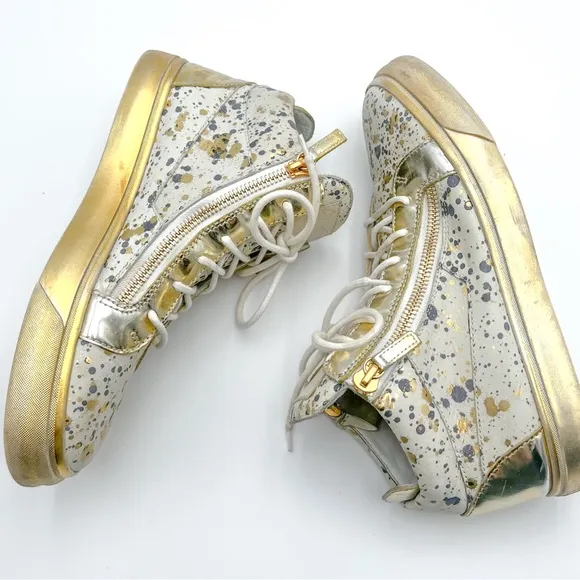Giuseppe Zanotti Hi Top Splatter Gold and Blue Paint Sneaker Made in Italy 44