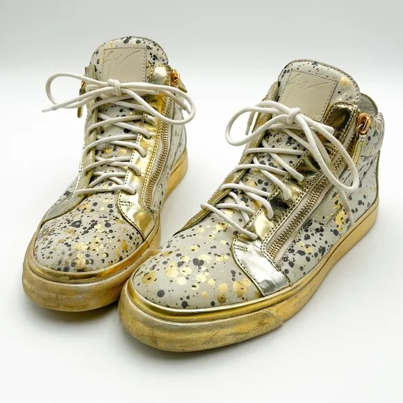 Giuseppe Zanotti Hi Top Splatter Gold and Blue Paint Sneaker Made in Italy 44