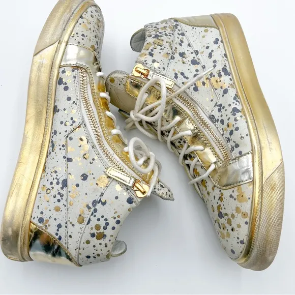 Giuseppe Zanotti Hi Top Splatter Gold and Blue Paint Sneaker Made in Italy 44