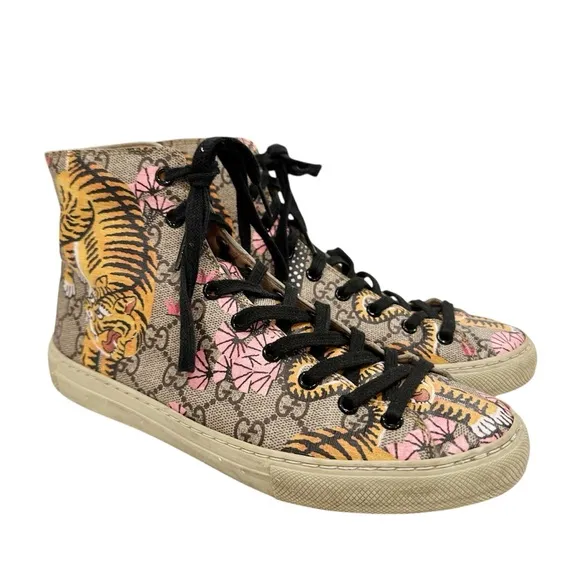 Gucci Tiger Supreme Monogram Bengal Pearl High Top Sneakers Women’s Sz 7.5