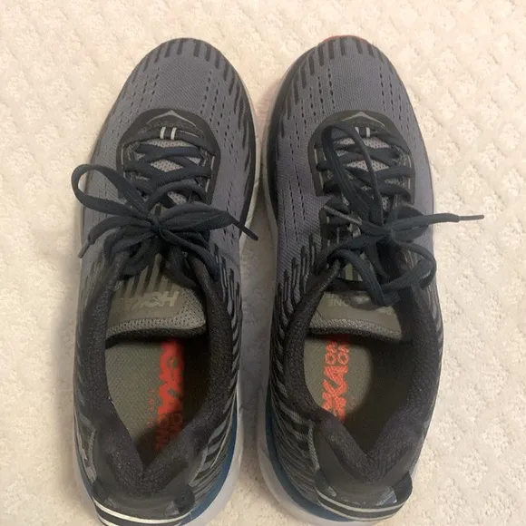 Hoka Men's athletic shoes, M Clifton 5.  Black and Gray, size 9, worn minimally