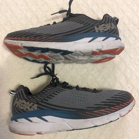 Hoka Men's athletic shoes, M Clifton 5.  Black and Gray, size 9, worn minimally