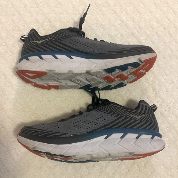 Hoka Men's athletic shoes, M Clifton 5.  Black and Gray, size 9, worn minimally