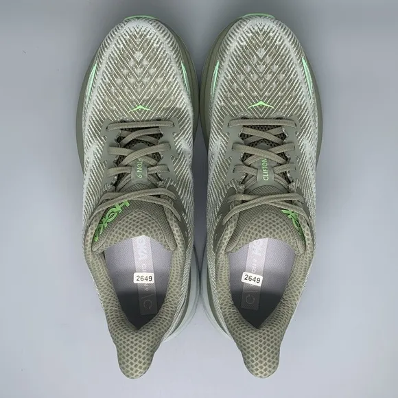 Hoka One Clifton 9 Gray Green Road Running Shoes Men's Sz 12D