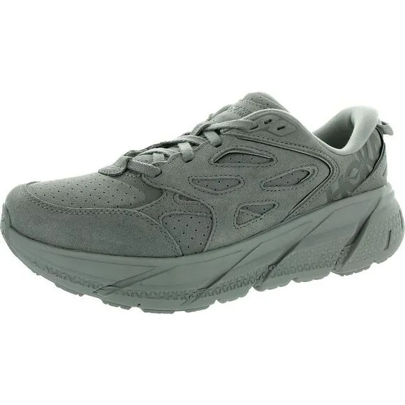 Hoka One One Mens Clifton Gray Lace-Up Suede Running &amp; Training Shoes New