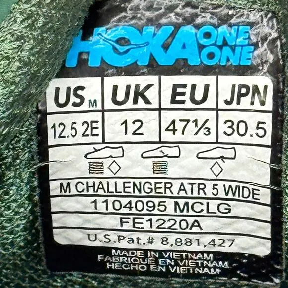 Hoka One One Shoes Mens 12.5 Green Challenger ATR 5 Wide Trail Running Sneakers