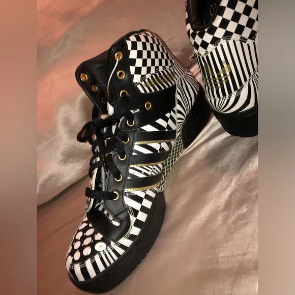 Jeremy Scott x Adidas Black &amp; White Checkerboard Wings High-Top Sneakers