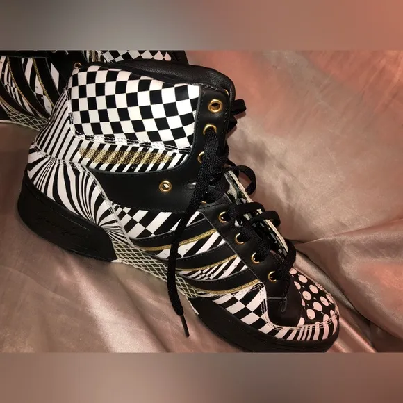 Jeremy Scott x Adidas Black &amp; White Checkerboard Wings High-Top Sneakers