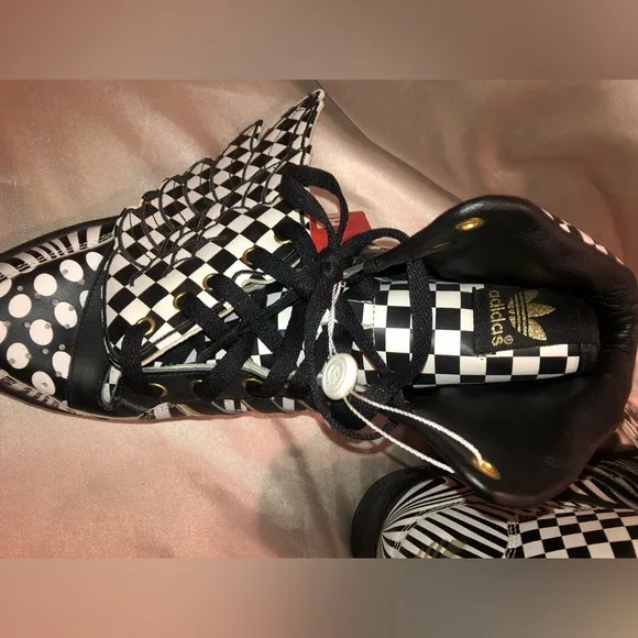 Jeremy Scott x Adidas Black &amp; White Checkerboard Wings High-Top Sneakers