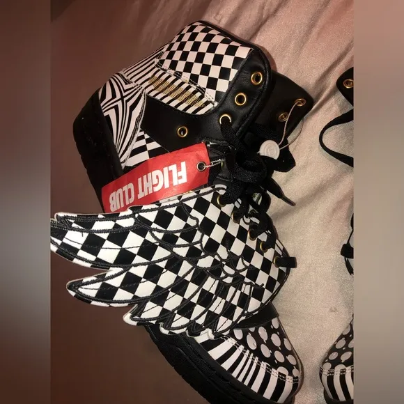 Jeremy Scott x Adidas Black &amp; White Checkerboard Wings High-Top Sneakers