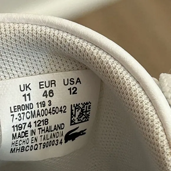 Lacoste Men’s Lerond Shoes White Size 12
