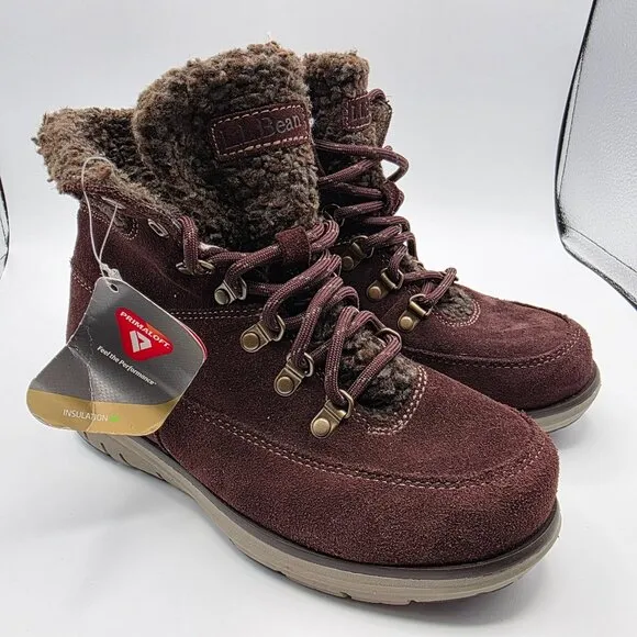 LL Bean Mountain Lodge Womens Size 6 Brown Boots Fleece Collar Primaloft