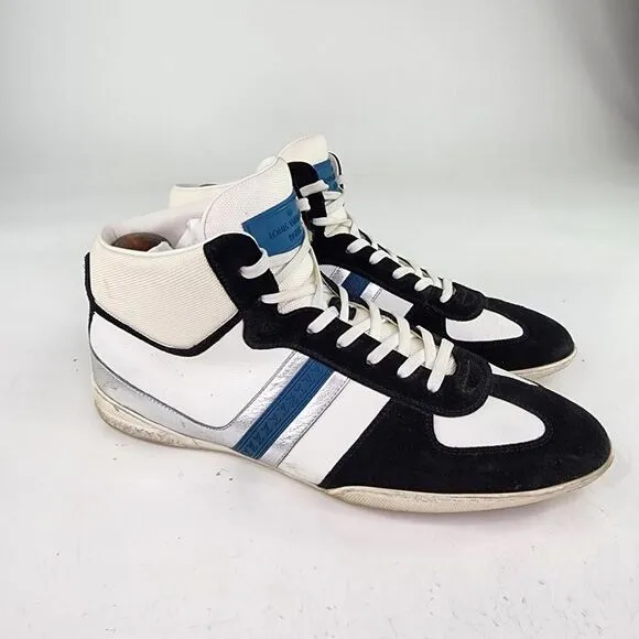 Louis Vuitton High Top Sneakers US 9.5 Men's Black Suede White Lace-Up Shoes LV