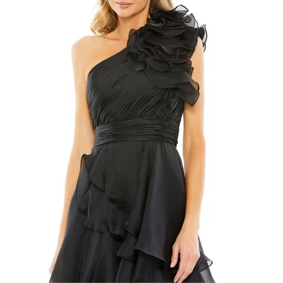 MAC DUGGAL ONE SHOULDER RUFFLE HI-LO GOWN