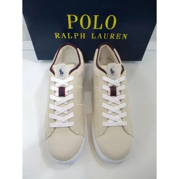 Men's Polo Ralph Lauren Heritage court II Knit Sneaker Ecru / Navy /Wine Size 9