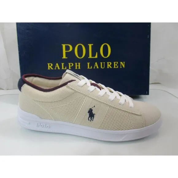Men's Polo Ralph Lauren Heritage court II Knit Sneaker Ecru / Navy /Wine Size 9