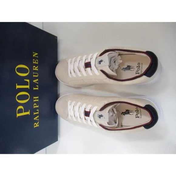 Men's Polo Ralph Lauren Heritage court II Knit Sneaker Ecru / Navy /Wine Size 9