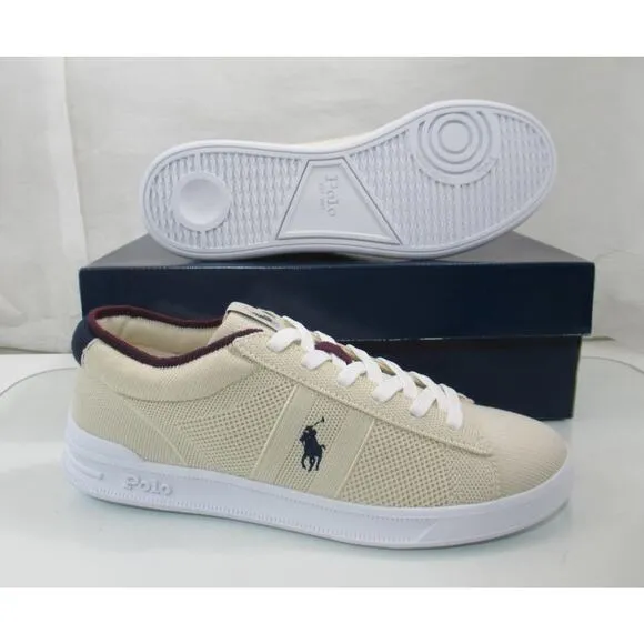 Men's Polo Ralph Lauren Heritage court II Knit Sneaker Ecru / Navy /Wine Size 9