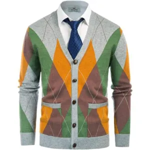 Men's V Neck Argyle Cardigan Sweater Contrast Knitwear with Pockets