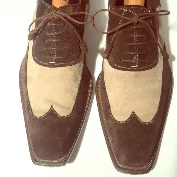 MEZLAND Quality Tu-Toned Brown &amp; Beige Suede Shoes